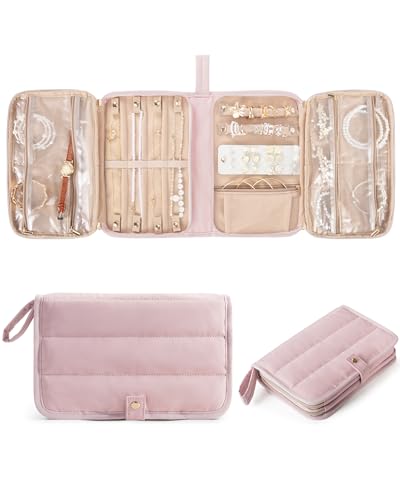 Marscamd Travel Jewelry Case Organizer, Foldable Jewelry Bag, Pink | with Zipper Jewelry Bag for Earrings, Rings, Necklaces, Bracelets, Brooches - color: Pink