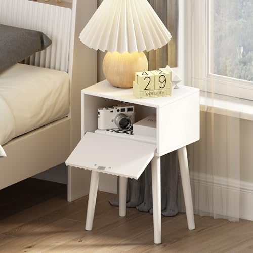 LAATOOREE Nightstands Set of 2, Small Side Table, Bedside Table with Fluted Door, Solid Wood Feet; Modern Mid-Century End Table for Bedroom, Small Space (White) - color: White, style: Fluted Style