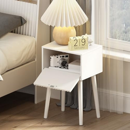 LAATOOREE Nightstands Set of 2, Small Side Table, Bedside Table with Fluted Door, Solid Wood Feet; Modern Mid-Century End Table for Bedroom, Small Space (White) - color: White, style: Fluted Style