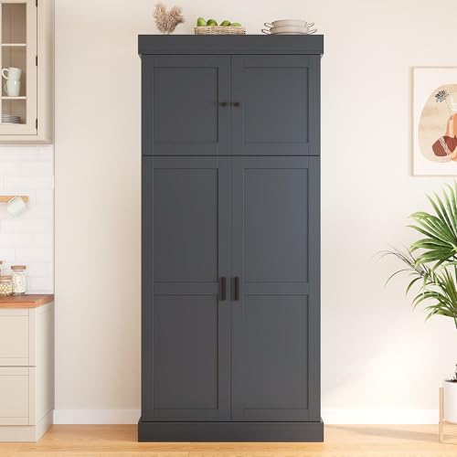 Merax 77'' Tall Freestanding Kitchen Pantry, 35''Lx17.7''W Modern Shaker Style Cupboard Storage Cabinet with Adjustable Shelves,Door Shelves, Drawers and Wine Racks,Grey - color: Grey