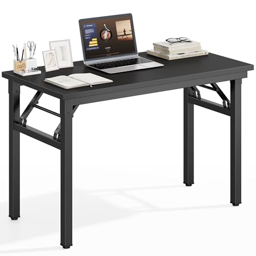 DlandHome 35.8 Inch Small Folding Computer Desk for Home Office, Black | Foldable Writing Table for Small Spaces Bedroom, No Assembly Required, Wood Top Metal Frame, Collapsible Compact Easy Storage - color: Black + Black, size: 35.8 Inches