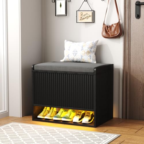 HOMEFORT 23.6" Fluted Shoe Storage Bench, Small Entryway Bench with Linen Seat Cushion, Shoe Cabinet Bench with Adjustable Shelf and Built-in LED Sensor Light, Bench for Bedroom End of Bed,Black - color: Black, size: 23.6"Wx15.15"D x19.3"H