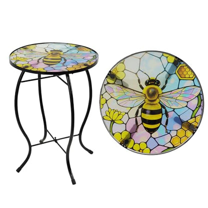 Small Side Table with Metal Frame, 10.5" Round Side Tables with Bee Pattern,Outdoor Table for Balcony,Terrace,Garden,Living Room - color: Bee