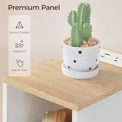 MAHANCRIS Narrow Nightstand, Narrow End Table with Charging Station, Skinny Bedside Table for Small Spaces, Mid Century Modern Night Stand for Bedroom, Living Roon, Natural and White ETNW30E01 - color: Natural and White