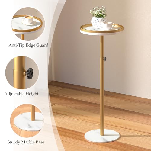 Height Adjustable Small Drink Table for Small Spaces,Martini Table, Weighted Base Pedestal Table for Living Room, Bedroom, Bathroom,Gold - color: Gold + White