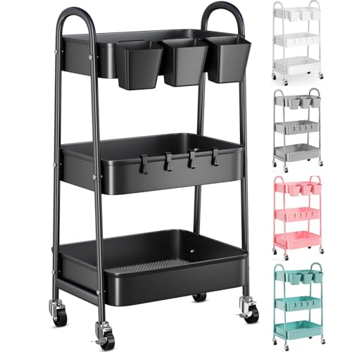 3 Tier Metal Rolling Cart with Lockable Wheels, Black Three Tiered Utility Storage Organizer Carts on Wheels for Bathroom, Kitchen, Laundry, Garage, Office, Craft, Art, Baby, Diaper Caddy, Snack, Book - color: Matte Black, size: 3 tier