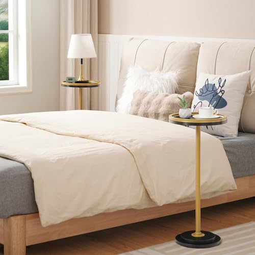 HOOBRO Small Round Side Table, Drink Table, Coffee Martini Table with Pedestal Accent for Small Spaces in Living Room, Bedroom, Sofa Couch, Black and Gold DB168BZ01 - color: Black + Gold