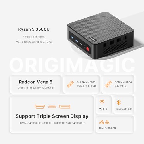 C4 Mini PC 11 Pro, Ryzen 5 3500U Desktop Computer Dual 1000Mbps NIC LAN, 16GB RAM 512GB SSD Micro PC, WiFi 5, BT 5.0, Triple Display, PC for Home Theater, Office - color: Jet Black