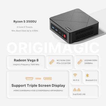 C4 Mini PC 11 Pro, Ryzen 5 3500U Desktop Computer Dual 1000Mbps NIC LAN, 16GB RAM 512GB SSD Micro PC, WiFi 5, BT 5.0, Triple Display, PC for Home Theater, Office - color: Jet Black