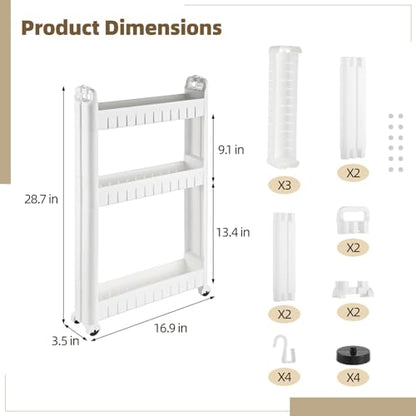 3 Tiers Slim Rolling Storage Cart, 3.5 Inches Slim Slide Out Bathroom Organizer Cart, Tiered Storage Rack with Wheels, Narrow Mobile Utility Cart for Laundry Room, Kitchen, Office, Sturdy Room - size: 3 Tiers