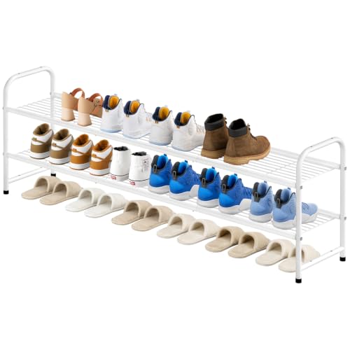 KEETDY 2-Tier Long Shoe Rack for Closet Metal Shoe Organizer for Entryway, Wide Stackable Shoe Storage Shelf with Sturdy Wire Grid for Closet Floor, Bedroom, White - color: White, size: 11.4x43x18.8