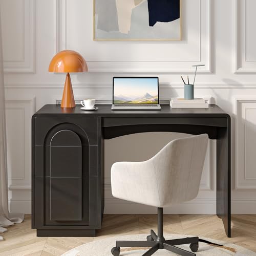 Bestier Computer Desk with Drawer, 47 Inch Wood Home Office Desk with Storage & Cabinet, Modern Arched Curved Design Office Desks for Writing Study Bedroom, Black - color: Black