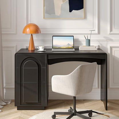 Bestier Computer Desk with Drawer, 47 Inch Wood Home Office Desk with Storage & Cabinet, Modern Arched Curved Design Office Desks for Writing Study Bedroom, Black - color: Black