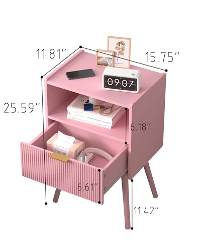 JOONEE Nightstand,Modern Bedside Table with Storage Drawer and Open Wood Shelf, for Living Room, Bedroom and Small Spaces, Accent Night Stand with Solid Wood Legs, Easy Assembly,Classic Pink - color: Pink