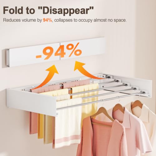 Wall Mounted Clothes Drying Rack Folding Indoor, Foldable Laundry Drying Rack Collapsible,Invisible, Space Saving, Retractable Towel Drying Rack, with Wall Template(5 Drying Rods, White 32") - color: White, size: White-32"