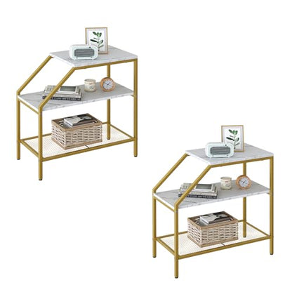 Wolawu End Table 3 Tiers 2pcs White Marble Wood Nightstand with Storage Ladder Shelf,Industrial Sofa Side Table for Small Space, Modern Trapezoid Plant Stand in Living Room Bedroom,Gold Metal Frame - color: White Marble