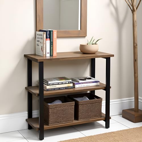 Alaterre Furniture Pomona Living Room 3-Tier Solid Wood Under-Window Bookshelf with Metal Frame – Rustic Industrial Modern Living Room Bookcase (Rustic Brown)