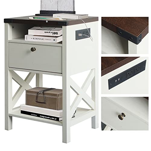 Rainbow Sophia Nightstand with Charging Station, Modern End Table with Drawer, Bedside Table with Open Storage, Vintage White/Espresso