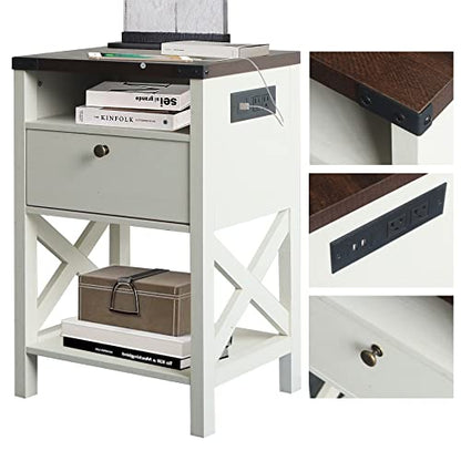 Rainbow Sophia Nightstand with Charging Station, Modern End Table with Drawer, Bedside Table with Open Storage, Vintage White/Espresso