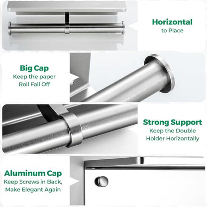 Toilet Paper Holder - Aluminium Double Roll Toilet Tissue Holder with Mobile Phone Shelf for Bathroom, 3M Self Adhesive No Drilling or Wall-Mounted, Rustproof Modern Style Brushed Nickel - color: Brushed Nickel-2 Roll