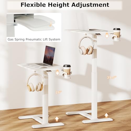 Tangkula Mobile Standing Desk, Pneumatic Height Adjustable Rolling Desk with Cup Holder & Headphone Hook, Overbed Table with Hidden Wheels, Laptop Computer Cart for Couch, Home, Office (White) - color: White