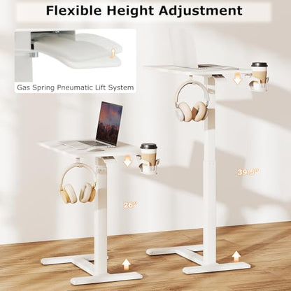 Tangkula Mobile Standing Desk, Pneumatic Height Adjustable Rolling Desk with Cup Holder & Headphone Hook, Overbed Table with Hidden Wheels, Laptop Computer Cart for Couch, Home, Office (White) - color: White