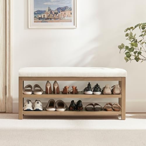 Zihanhome 2 Tier Shoe Rack Bench with Cushion, Solid Wood Shoe Benches, Mid-Century Modern Shoe Storage Bench for Entryway, Hallway, Living Room, Closet, Front Door Entrance, (Beige, 46.5") - color: Beige, size: 46.5"