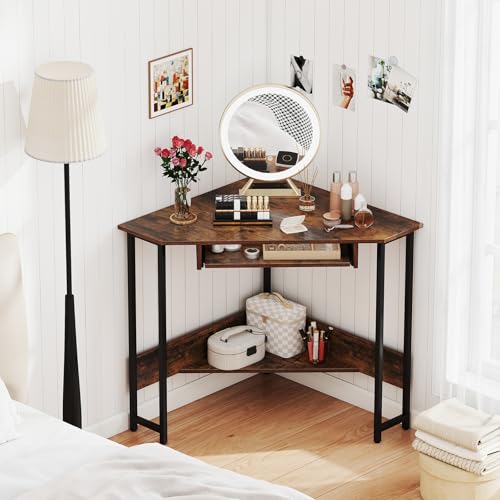 Giantex Small Corner Desk with Charging Station, Triangle Computer Desk with Keyboard Tray & Storage Shelf, Metal Corner Writing Desk for Bedroom, Small Space, Home Office, Black & Rustic Brown
