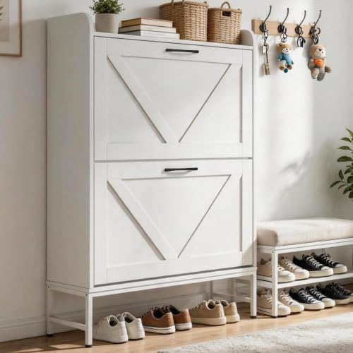 Shoe Cabinet with 2 Flip,Shoe Cabinet Storage,Shoe Organizer Cabinet,White | Hidden Wood Shoe Cabinet,reestanding Shoe Rack Cabinet for Entryway Hallway - color: White