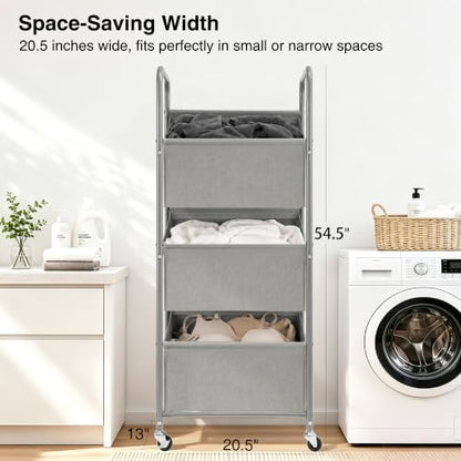 STO STO 3-Tier Vertical Rolling Laundry Hamper, Removable Bags, Gray Faric | 120L Capacity, Space-Saving Vertical Design, Rust-Resistant Steel Frame, Lockable Wheels, Ideal for Apartments & Small Spaces - color: Gray Faric, size: 3-Tier