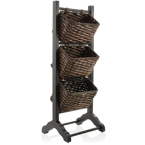 Casafield 3-Tier Floor Stand with Water Hyacinth Storage Baskets, Black/Espresso - Standing Organizer Rack for Bathroom, Kitchen, Laundry, Living Room - color: Black, Espresso