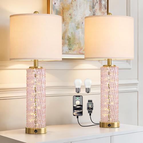 Oneach 27.75" Modern Table Lamps Set of 2, Pink Bedside Lamp with Class Nightlight, USB A+C, Unique Desk Lamps for Living Room, Bedroom, Nightstand, End Table (2 Bulbs Included) - color: Pink - White Shade