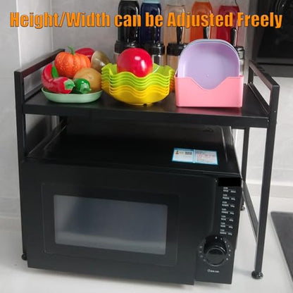 Extendable Microwave Oven Stand, Adjustable Microwave Rack Toaster Shelf, Heavy Duty Rack 2 Tier Kitchen Counter Top Organizer with 6 Hooks for Kitchen - color: Black