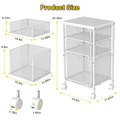 BOHDK Rolling File Cart with 3 Storage Drawers, Wood & Mesh Hanging File Folder Organizer with Wheels Under Desk, File Cabinets for Home Office, 11.81" D x 14.8" W x 25.39" H, White - color: White