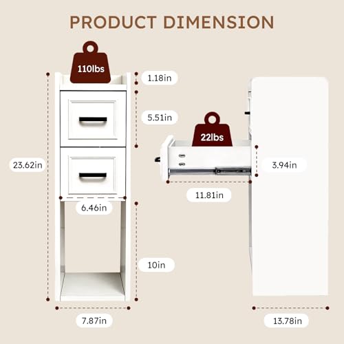 Narrow Nightstand Set of 2, Modern White Bedside Table with Drawers & Open Shelf, Modern End Table for Bedroom Small Spaces, Apartments, Renters - color: Narrow White