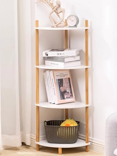 4-Tier Expandable Bamboo Corner Shelf Stand,Corner Bookshelf, Display Storage Shelves with Open Shelves, for Organization and Storage, Living Room, Home Office, Garage (White, 4-Tier) - color: White 4-tier
