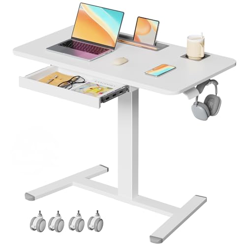 Mobile Standing Desk with Drawer, 35" Small Standing Desk with Cup Holder, Rolling Laptop Desk on Wheels, Height Adjustable Desk with Storage for Home Office, White - color: White, size: 35"