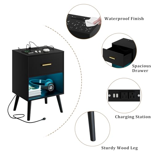 Aienvey Nightstand with Charging Station and LED Lights, Black | Small Side Table, Bedside Table with Drawer, Modern Night Stand with Light/Power Strip, End Table for Bedroom, Living Room - color: Black