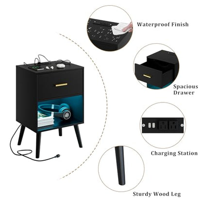 Aienvey Nightstand with Charging Station and LED Lights, Black | Small Side Table, Bedside Table with Drawer, Modern Night Stand with Light/Power Strip, End Table for Bedroom, Living Room - color: Black