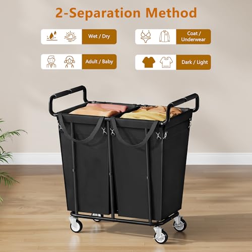 Gewudraw 2 Bag Laundry Hamper with Wheels Medium Size, 250L, Black | Rolling Laundry Basket, Steel Frame, Removable Liner, Heavy Duty Rolling Laundry Cart with Handle for Laundry Room, Bathroom - color: Black, size: 2-Section-250L