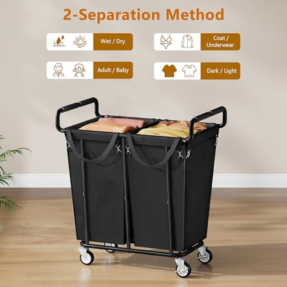 Gewudraw 2 Bag Laundry Hamper with Wheels Medium Size, 250L, Black | Rolling Laundry Basket, Steel Frame, Removable Liner, Heavy Duty Rolling Laundry Cart with Handle for Laundry Room, Bathroom - color: Black, size: 2-Section-250L