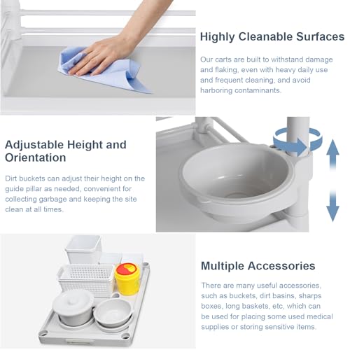Mobile Medical Carts 3 Tier Professional Utility Cart 330 LBS Max Load Rolling Crash Cart Ultrasound Trolley with Wheels Drawers Dirt Bucket Sharps Box Storage Basket for Hospital Dental Clinic Home - color: 3-tier With Accessories Light Gray