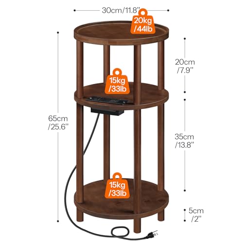 HOOBRO Set of 2 Small Round Side Tables with Charging Station, 3-Tier Round Bamboo End Tables, Compact Sofa Bedside Tables, Easy Assembly, for Living Room, Bedroom, Apartment, Mocha MA152UBZP201 - color: Mocha