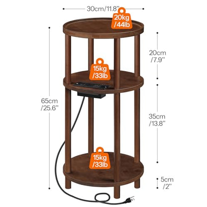 HOOBRO Set of 2 Small Round Side Tables with Charging Station, 3-Tier Round Bamboo End Tables, Compact Sofa Bedside Tables, Easy Assembly, for Living Room, Bedroom, Apartment, Mocha MA152UBZP201 - color: Mocha