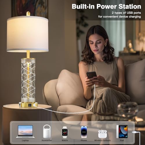 28" Gold Print Glass Table Lamps Set of 2 with Night Light, Modern Bedside Lamps with USB C+A Charging Ports, Nightstand Lamps for Living Room, Glass Lamps for Bedroom End Table, 2 Bulbs Included - color: Gold Print(2 Pack)