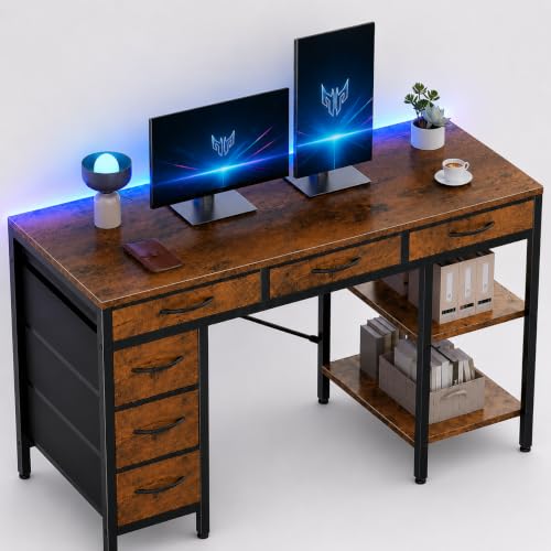 Simple Deluxe Computer Desk with 6 Drawers, 55 Inch Office Workstation with Storage Shelves, Reversible Corner Gaming Table, Home Office Study Desk with Fabric Organizer, Rustic Brown - color: Rustic Brown, size: 55''Lx18''W