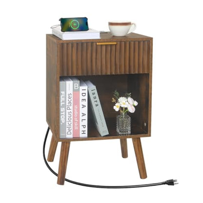 Fultyle Mid Century Modern Nightstand with Charging Station, Modern Bedside Table with Fluted Drawer and Storage Shelf, End Side Tables Living Room for Bedroom, Office (Rustic Brown) - color: Rustic Brown With Charging Station