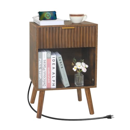 Fultyle Mid Century Modern Nightstand with Charging Station, Modern Bedside Table with Fluted Drawer and Storage Shelf, End Side Tables Living Room for Bedroom, Office (Rustic Brown) - color: Rustic Brown With Charging Station