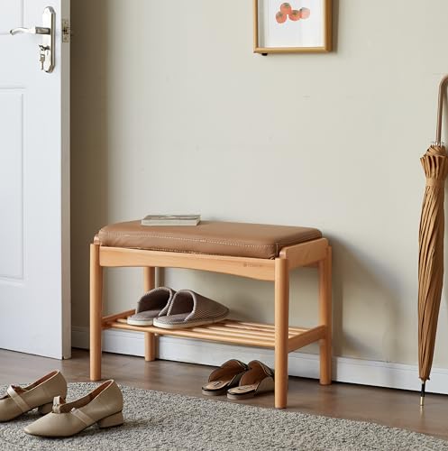 Oak Wood Shoe Bench, 24 Inch Entryway Bench with Brown Leather Cushion | Natural oak frame with brown leather cushion adds premium texture and modern elegance to your home. - color: Natural + Brown Leather Cushion, size: 23.62"