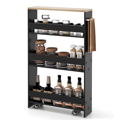 4-Tier Slim Rolling Storage Cart, Wooden Kitchen Utility Cart with Wheels & Handle, Space Saving Trolley, Slide Out Shelving Unit for Narrow Spaces, Laundry, Bathroom (Black + Natural) - color: Black + Natural